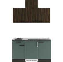 Cuisine compacte avec meubles bas, évier, plaque de cuisson et meubles hauts