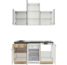 Cuisine compacte avec évier, plaque de cuisson, réfrigérateur et armoires murales.