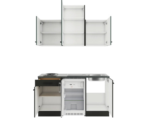 Mini-cuisine compacte avec évier, plaque de cuisson, réfrigérateur et éléments hauts.