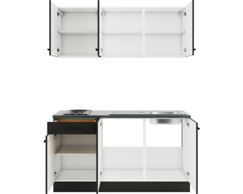 Kompakte Küchenzeile mit Spüle, Kochfeld, Schublade und Schränken