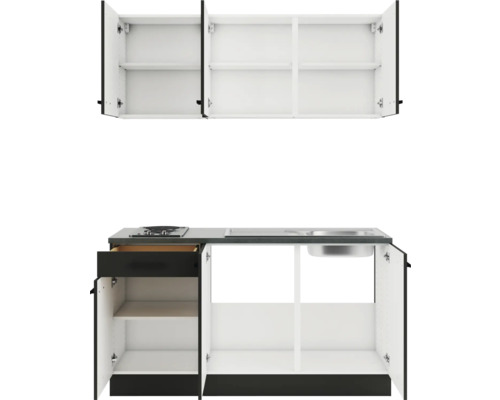 Petite kitchenette avec éléments hauts et éléments bas.