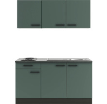 Cuisine équipée avec évier, plaque de cuisson et éléments hauts