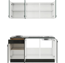 Cuisine compacte avec armoires hautes et basses, évier et plaque de cuisson