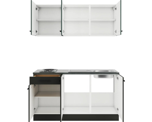 Cuisine compacte avec armoires hautes et basses, évier et plaque de cuisson