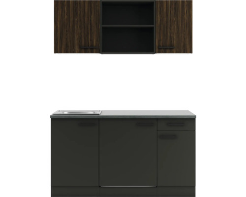 Cuisine linéaire avec évier, armoires basses et armoires suspendues