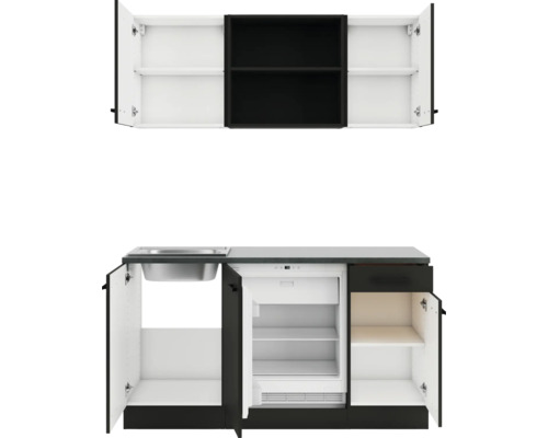 Cuisine compacte avec évier, réfrigérateur et espace de rangement