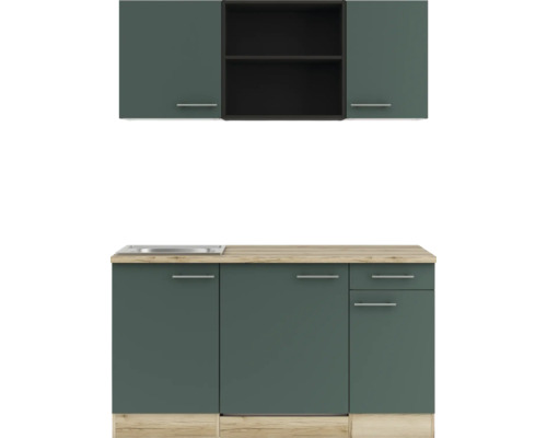 Cuisine équipée avec évier, meubles bas et meubles hauts