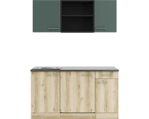 Cuisine équipée avec évier, meubles bas et meubles hauts