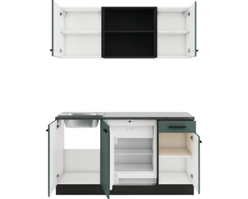 Cuisine compacte avec évier, réfrigérateur et espace de rangement