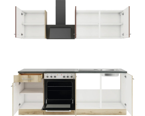 Cuisine équipée avec meubles hauts, hotte aspirante, évier, cuisinière et four