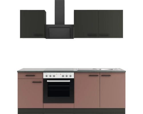 Küchenzeile mit Hängeschränken, Dunstabzugshaube und Einbauherd