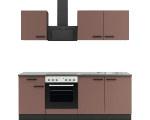 Komplette Küchenzeile mit Spüle, Herd, Dunstabzugshaube und Schränken