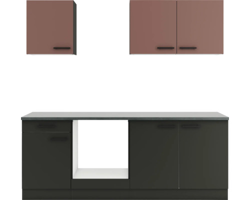 Bloc cuisine complète Optifit Nizza407/Madrid420 210 cm façade rouge rouille anthracite mate, corps anthracite variante réversible démonté