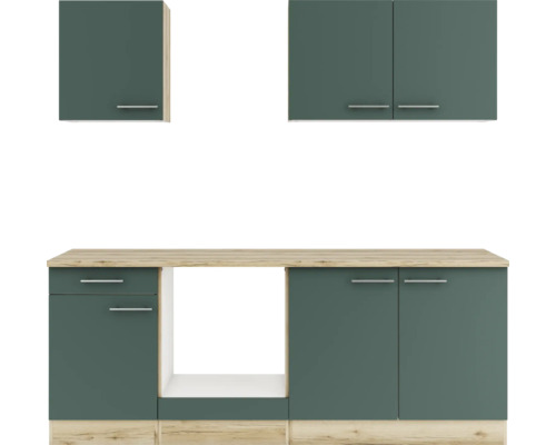 Cuisine équipée avec éléments hauts et bas avec tiroirs et étagères