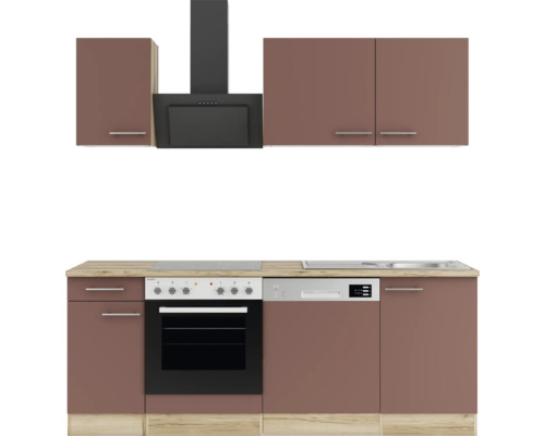 Cuisine avec meubles bas, meubles hauts, hotte aspirante, évier, cuisinière et lave-vaisselle