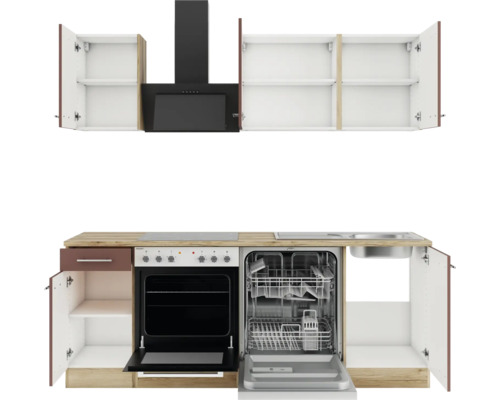 Cuisine équipée avec évier, lave-vaisselle, cuisinière, hotte et armoires