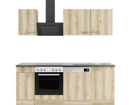 Küchenzeile mit Hängeschränken, Dunstabzugshaube, Herd, Spülmaschine und Spüle