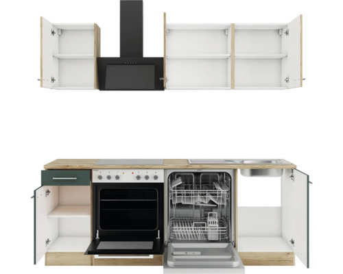 Küchenzeile mit Hängeschränken, Dunstabzugshaube, Spüle, Geschirrspüler und Backofen