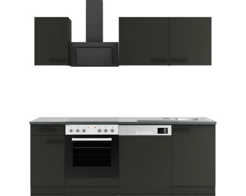 Cuisine complète avec éléments hauts, hotte aspirante, cuisinière, lave-vaisselle et évier