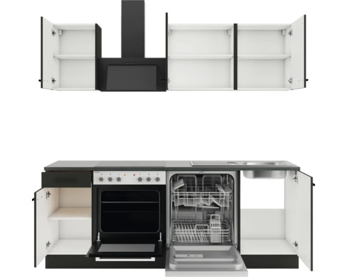 Cuisine équipée avec éléments hauts, hotte aspirante, cuisinière, lave-vaisselle et évier.