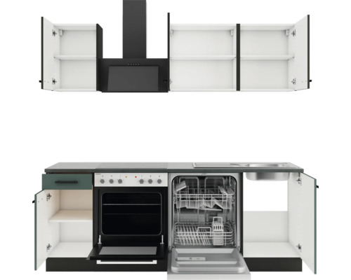 Küchenzeile mit Spüle, Geschirrspüler, Herd, Ofen und Dunstabzugshaube sowie Hängeelementen
