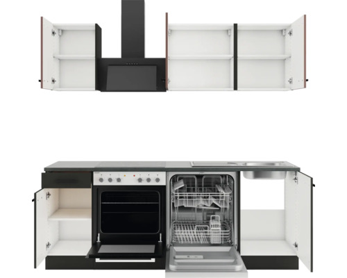 Komplette Küchenzeile mit Spüle, Geschirrspüler, Herd, Dunstabzugshaube und Oberschränken