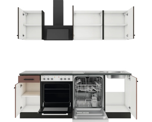 Küchenzeile mit Spüle, Geschirrspüler, Herd und Dunstabzugshaube