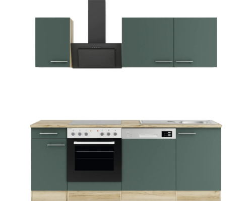 Komplette Küche mit Hängeschränken, Dunstabzugshaube, Herd, Geschirrspüler und Spüle