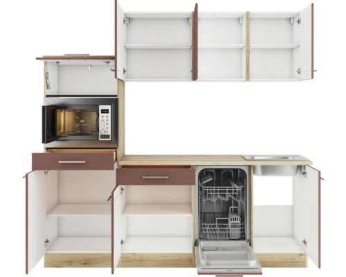 Cuisine équipée avec évier, lave-vaisselle, micro-ondes et armoires