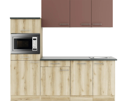 Cuisine équipée avec placards hauts, micro-ondes et évier