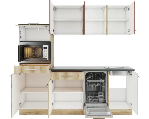 Cuisine équipée avec évier, lave-vaisselle, micro-ondes et placards ouverts