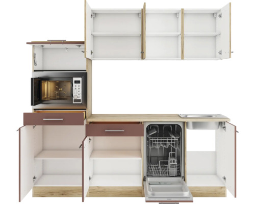 Küchenzeile mit Geschirrspüler, Mikrowelle, Spüle und Schränken