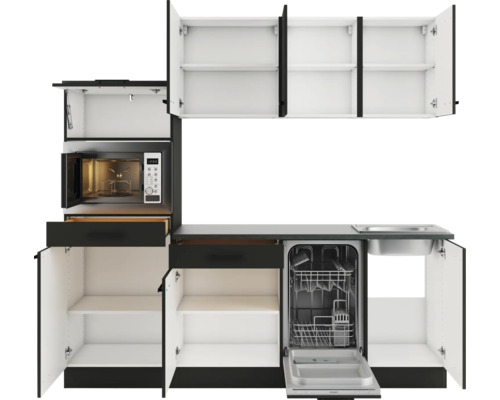 Küchenzeile mit Hängeschränken, Mikrowelle und Geschirrspüler