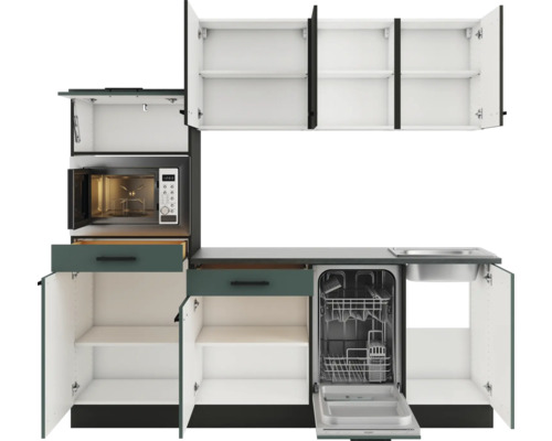 Küchenzeile mit Spüle, Geschirrspüler und Mikrowelle