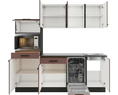 Küchenzeile mit Mikrowelle, Geschirrspüler, Spüle und offenen Schränken