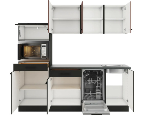 Küchenzeile mit Mikrowelle, Geschirrspüler, Spüle und Schränken