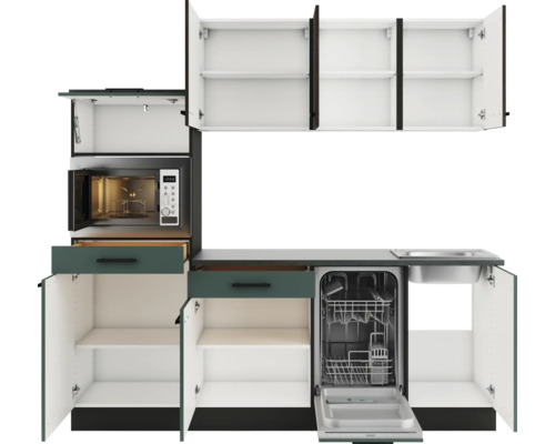 Küchenzeile mit Mikrowelle, Geschirrspüler, Spüle und Schränken