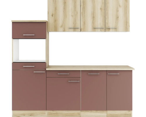 Bloc cuisine complète Optifit Livorno290/Bari407 210 cm façade chêne sauvage rouge rouille mate, corps chêne sauvage variante réversible démonté