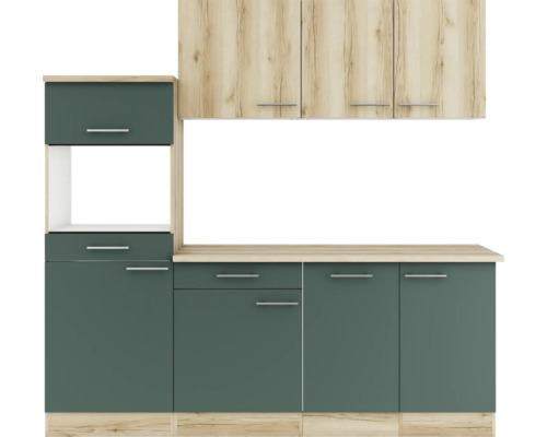 Cuisine complète sans appareils Optifit OPTIkompakt Livorno290/Savona405 chêne sauvage/vert pierre largeur 210 cm KPLS 2181OE-9+