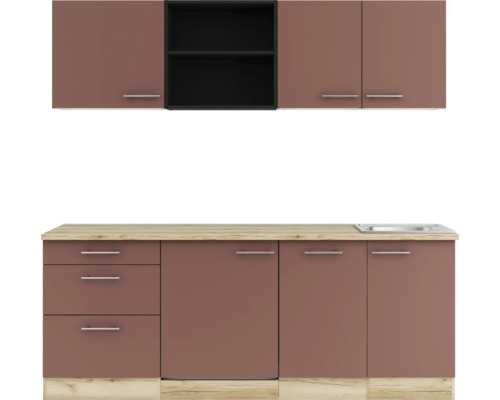 Cuisine équipée avec meubles bas, plan de travail et meubles hauts