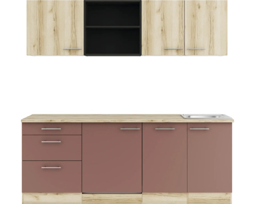 Bloc cuisine complète Optifit Livorno290/Bari407 210 cm façade chêne sauvage rouge rouille mate, corps chêne sauvage variante réversible démonté