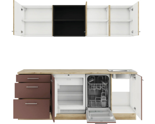 Komplette Pantryküche mit Spüle, Geschirrspüler, Kühlschrank und Hängeschränken