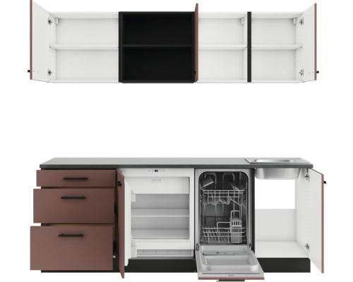 Küchenzeile mit Spüle, Geschirrspüler, Kühlschrank und Hängeschränken