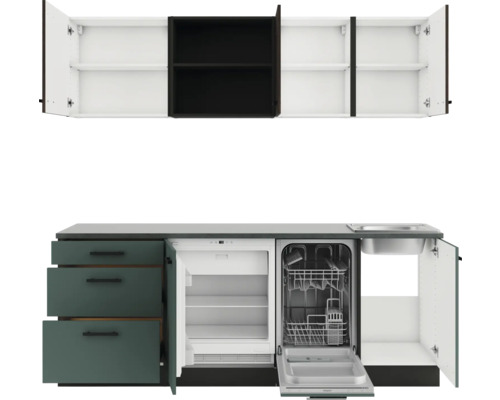 Kompakte Küchenzeile mit Oberschränken, Spüle, Geschirrspüler, Kühlschrank und Schubladen