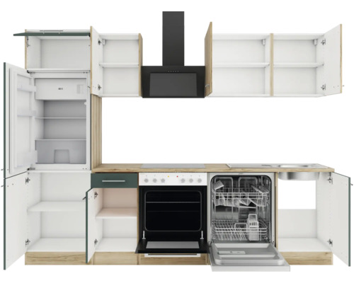 Küchenzeile mit Kühlschrank, Geschirrspüler, Herd, Dunstabzugshaube und Schränken