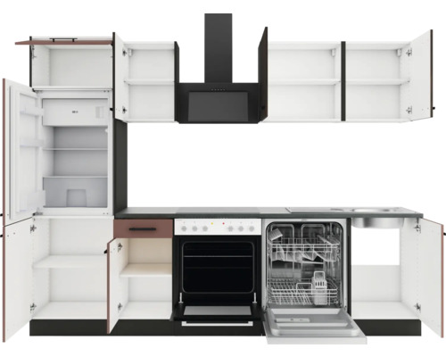 Komplette Küche mit Kühlschrank, Geschirrspüler, Herd, Dunstabzugshaube und Schränken