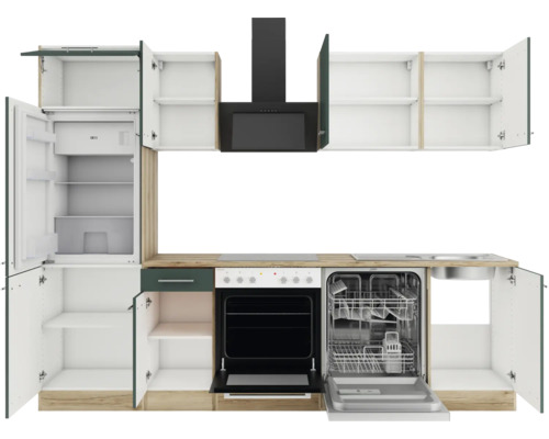 Komplette Küche mit Elektrogeräten, Geschirrspüler, Kühlschrank, Herd und Dunstabzugshaube