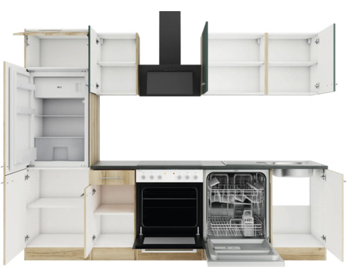 Komplette Küche mit Kühlschrank, Herd, Dunstabzugshaube und Spülmaschine.
