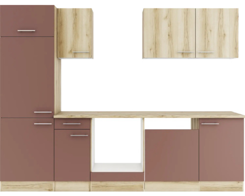 Bloc cuisine complète Optifit Livorno290/Bari407 270 cm façade chêne sauvage rouge rouille mate, corps chêne sauvage variante réversible démonté