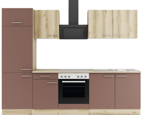 Bloc cuisine complète Optifit Livorno290/Bari407 270 cm façade chêne sauvage rouge rouille mate, corps chêne sauvage variante réversible démonté